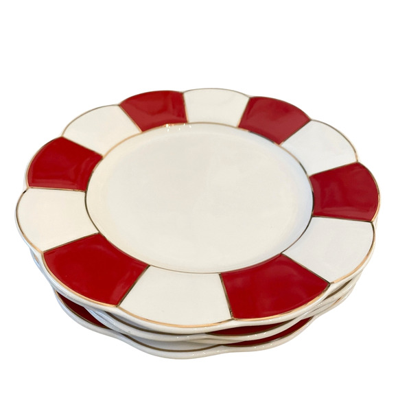 Grace Teaware Porcelain Salad Plate 8in Red & White Stripe Gold Trim Set 2 New - Picture 6 of 16